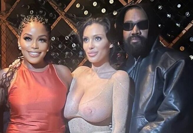 Bianca Censori in a sparkly see-through bodysuit and Kanye West at the rapper's friend's birthday party