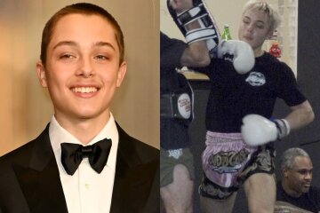 Blonde and pink shorts: Angelina Jolie and Brad Pitt's 17-year-old son was photographed training in boxing.