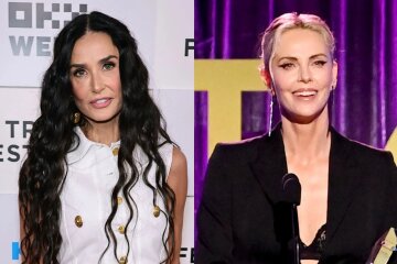 Demi Moore in white and Charlize Theron in black at social events in the USA