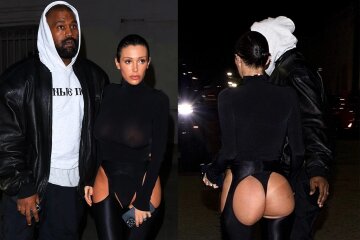 Bianca Censori with bare buttocks and Kanye West in a hoodie with an inscription in Russian at a party in Los Angeles