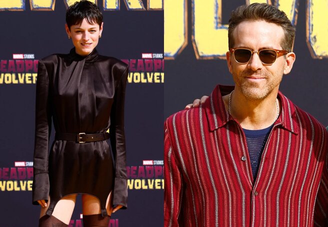 Emma Corrin in stockings, Ryan Reynolds and Hugh Jackman at the premiere of the film "Deadpool and Wolverine"