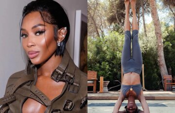 "You inspire me to do yoga." Naomi Campbell, 54, shows off her headstand