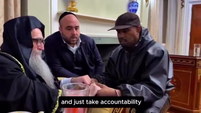 Канье Уэст на встрече с Йешаяху Пинтом