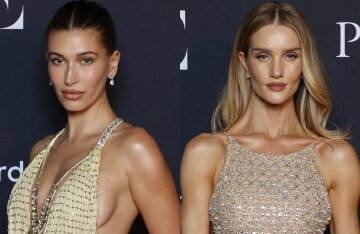 Hailey Bieber (in vintage), Rosie Huntington-Whiteley, Jacob Elordi, and Rita Ora at the Vogue Gala