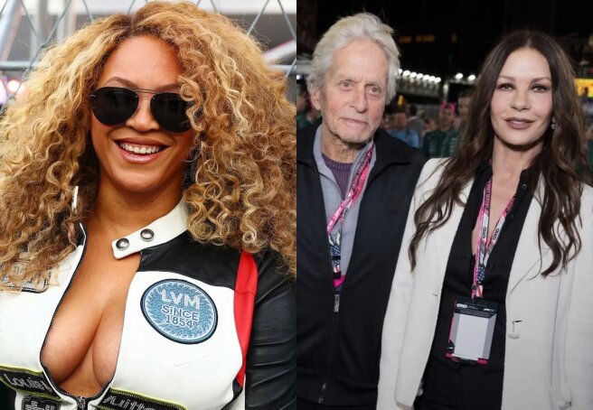 Jay-Z and Beyoncé (with cleavage), Catherine Zeta-Jones and Michael Douglas with their son, Ben Affleck attended the Formula 1 races in Las Vegas.
