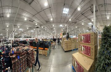 Panoramic exterior view of a large Costco Wholesale warehouse store