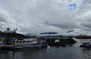 Boats moored in Crescent Harbor in Sitka Sound, Alaska