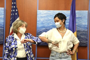 Rihanna at a 2021 meeting with the U.S. Ambassador