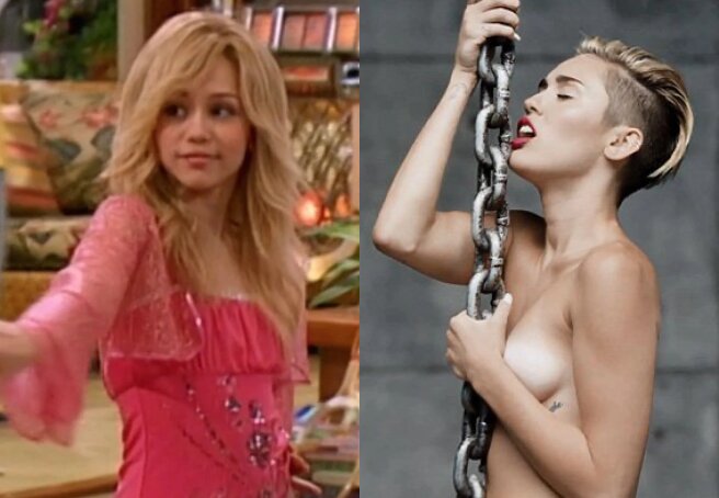 Кадр из ТВ-шоу Hannah Montana/ Кадр из клипа Wrecking Ball