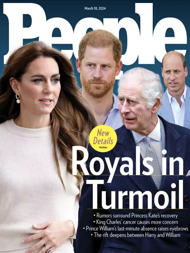Кейт Миддлтон, принц Гарри, Карл III и принц Уильям/ Фото: мартовская обложка журнала People
