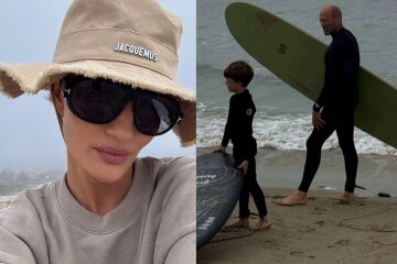 Rosie Huntington-Whiteley shows how she relaxes on the beach with her husband and children