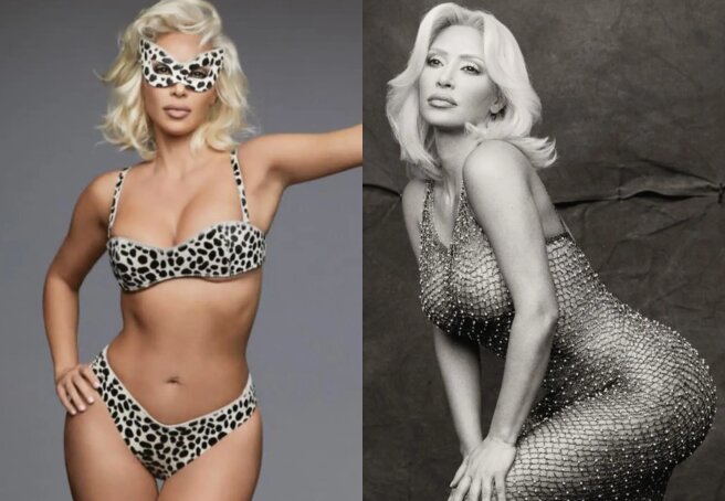 Kim Kardashian poses as Marilyn Monroe in leopard print swimsuit and 'naked' fishnet dress