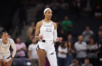 A'ja Wilson on the basketball court during a Las Vegas Aces game