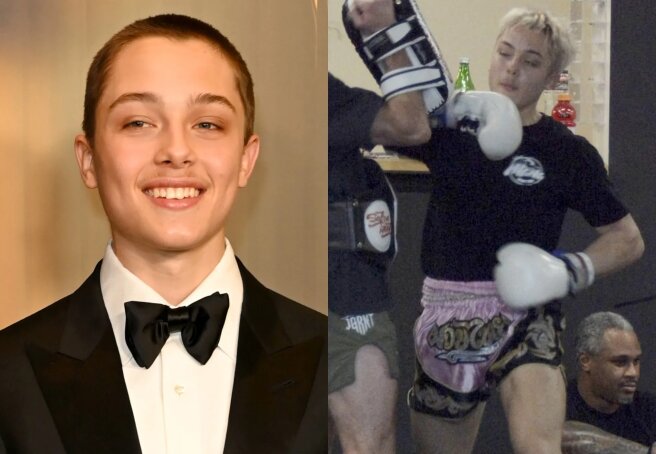 Blonde and pink shorts: Angelina Jolie and Brad Pitt's 17-year-old son was photographed training in boxing.