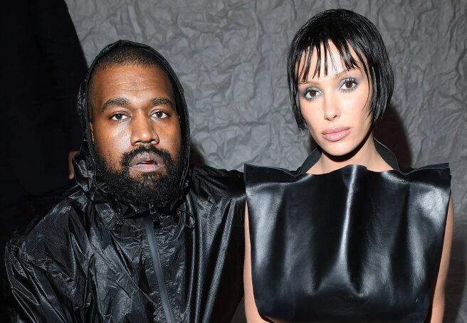 Bianca Censori with a new hairstyle and Kanye West at Milan Fashion Week