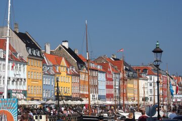 Colorful buildings along Nyhavn harbor in Copenhagen, Denmark