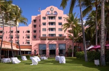 The pink-stucco Royal Hawaiian hotel in Waikiki, Honolulu