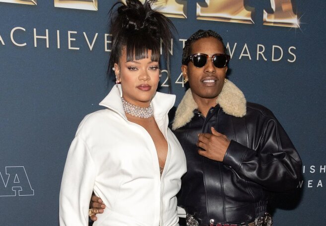 Rihanna in a white total look and A$AP Rocky appeared at the awards in New York