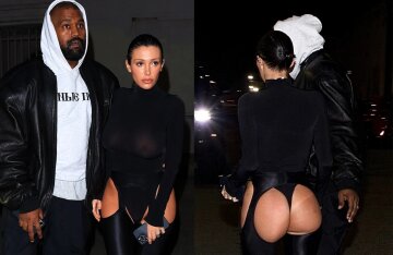 Bianca Censori with bare buttocks and Kanye West in a hoodie with an inscription in Russian at a party in Los Angeles