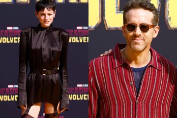 Emma Corrin in stockings, Ryan Reynolds and Hugh Jackman at the premiere of the film "Deadpool and Wolverine"