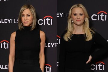 Jennifer Aniston and Reese Witherspoon in black at PaleyFest in Los Angeles