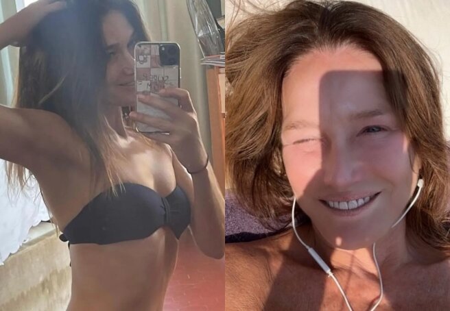 56-year-old Carla Bruni showed off her figure in a bikini and a photo with her husband Nicolas Sarkozy