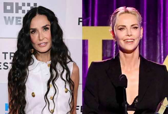Demi Moore in white and Charlize Theron in black at social events in the USA