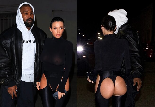 Bianca Censori with bare buttocks and Kanye West in a hoodie with an inscription in Russian at a party in Los Angeles