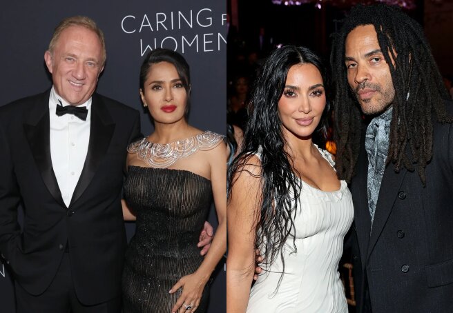 Salma Hayek with her husband, Kim Kardashian, Lindsay Lohan, Jeff Bezos and Lauren Sanchez at a social dinner