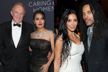 Salma Hayek with her husband, Kim Kardashian, Lindsay Lohan, Jeff Bezos and Lauren Sanchez at a social dinner