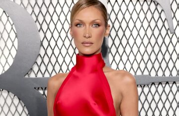 Bella Hadid (in a "naked" dress), Ashton Kutcher, Evan Peters, and Isabella Rossellini at the premiere of the series "Beauty"