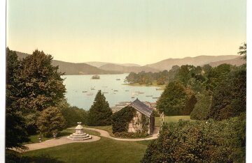 Historic view of Windermere lake from Belsfield Hotel in the Lake District, England