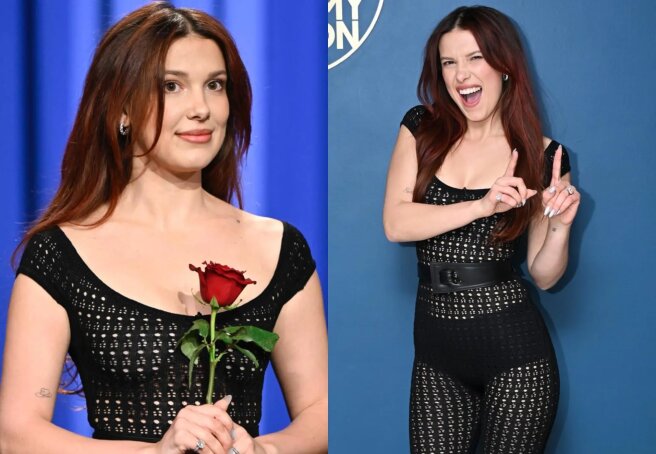 21-year-old Millie Bobby Brown stepped out in a sheer knitted jumpsuit.