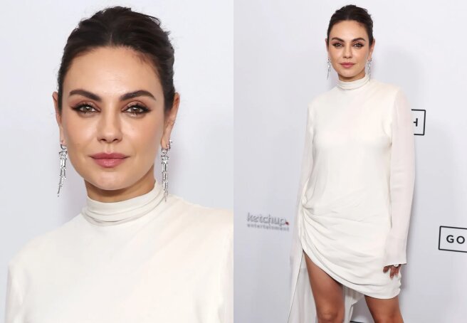 Rare appearance: Mila Kunis in a short white dress on the red carpet of the film "Father of the Year"