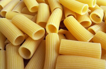 Dry rigatoni pasta in a bowl