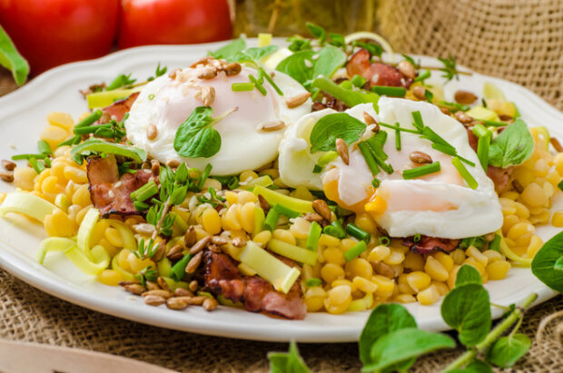 Salads with poached eggs