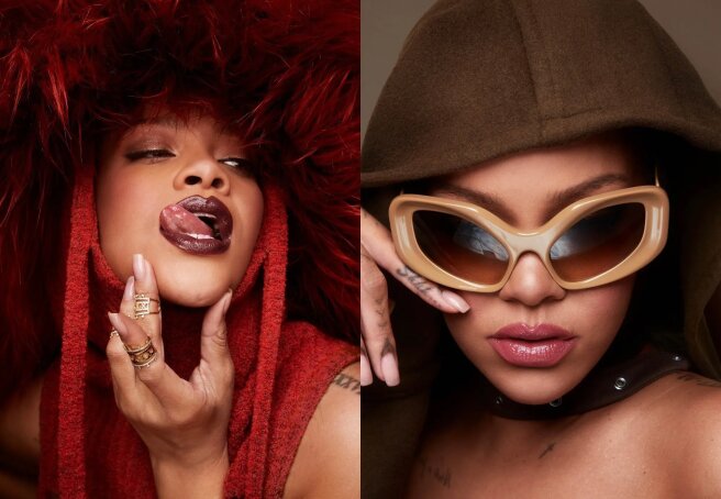 Rihanna poses in fur hat and futuristic glasses for cosmetics brand