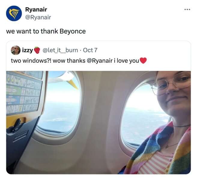 "Два окна? Спасибо, Ryanair"/ "Вам надо благодарить Бейонсе"