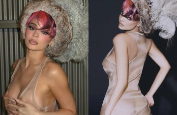 Kylie Jenner poses for a glossy magazine in a nude dress.