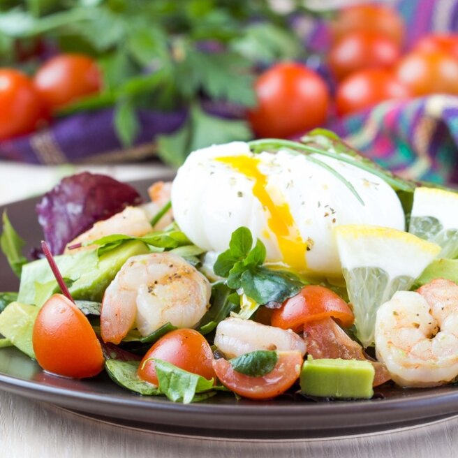 Salads with poached eggs