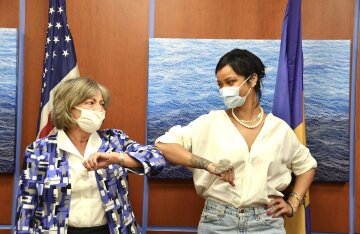 Rihanna at a 2021 meeting with the U.S. Ambassador