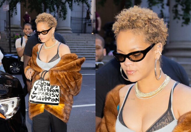 Rihanna in a fur coat and without a wig at the presentation of hair products