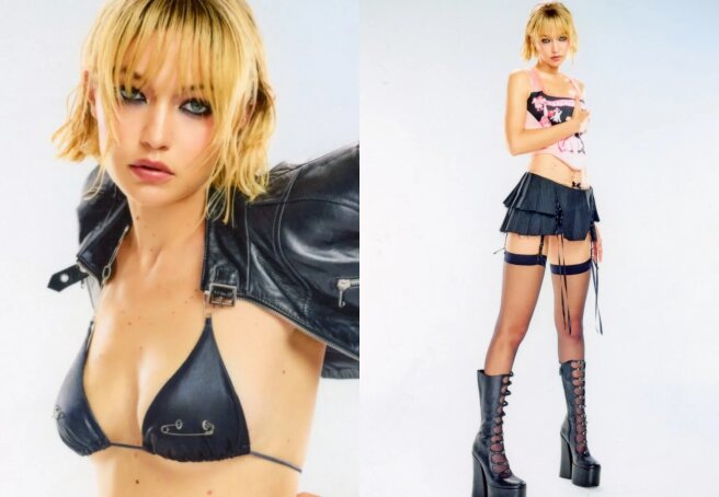 Gigi Hadid tries on 2000s looks in a shoot for a fashion brand