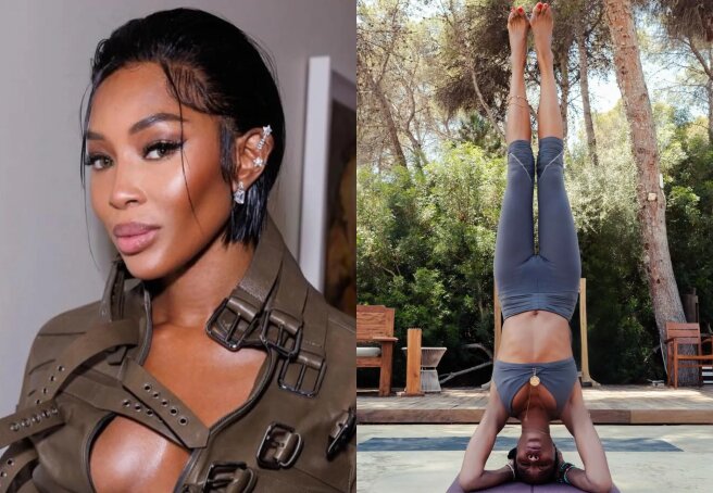 "You inspire me to do yoga." Naomi Campbell, 54, shows off her headstand